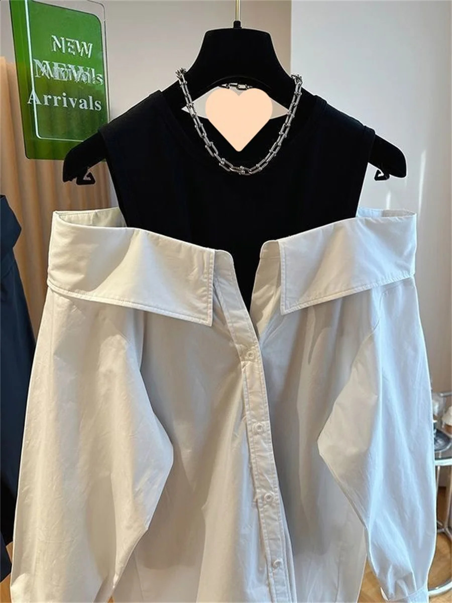 Women False Twopiece Polo Collar Blouse Loose Tank Top Spliced Long Sleeve Shirts Off the Shoulder Blouses Autumn Pullovers Top 250121