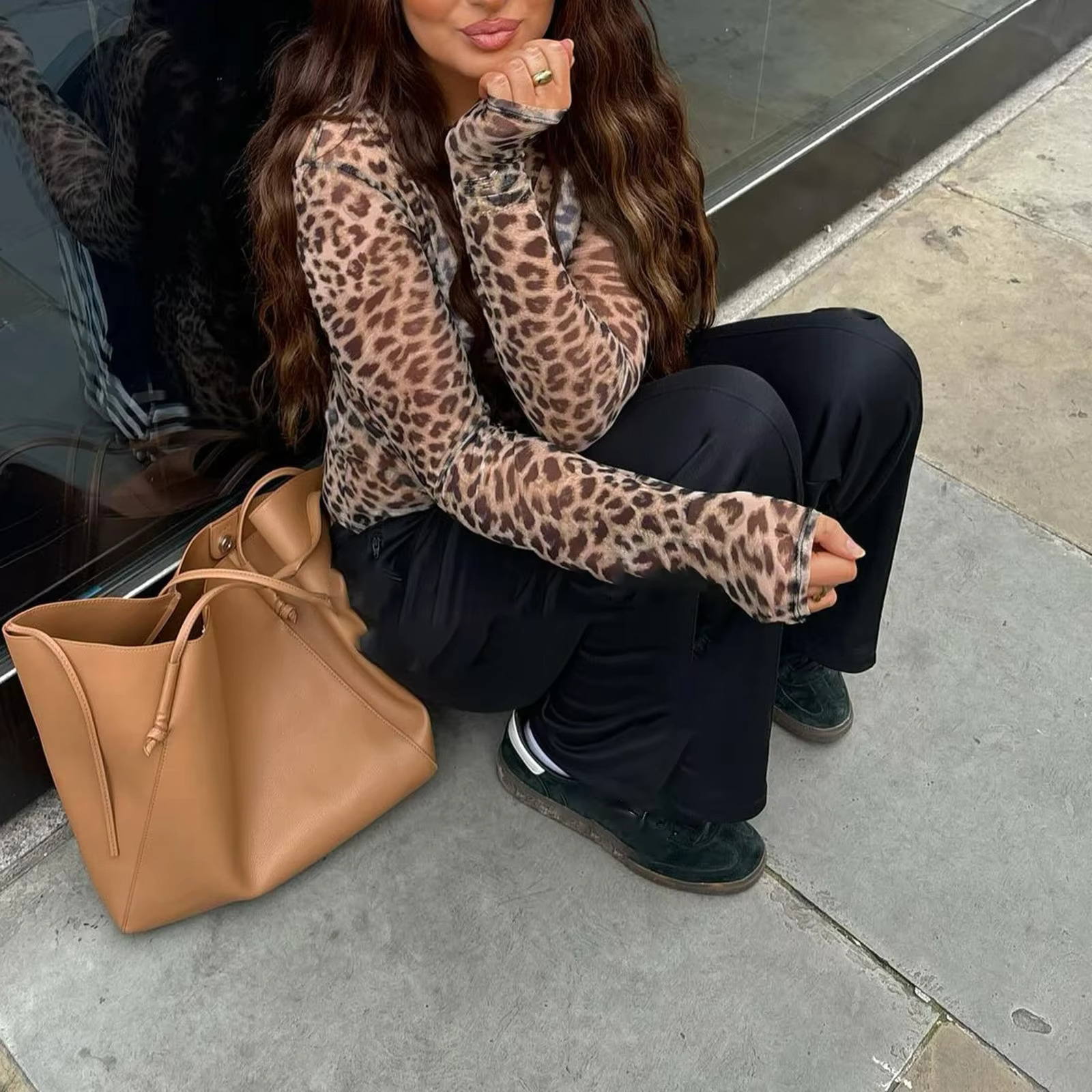 Combhasaki Women's Y2k Vintage Long Sleeve T-Shirts Leopard Print Transparent Mesh Sheer O-Neck Casual Spring Fall Slim Fit Tops