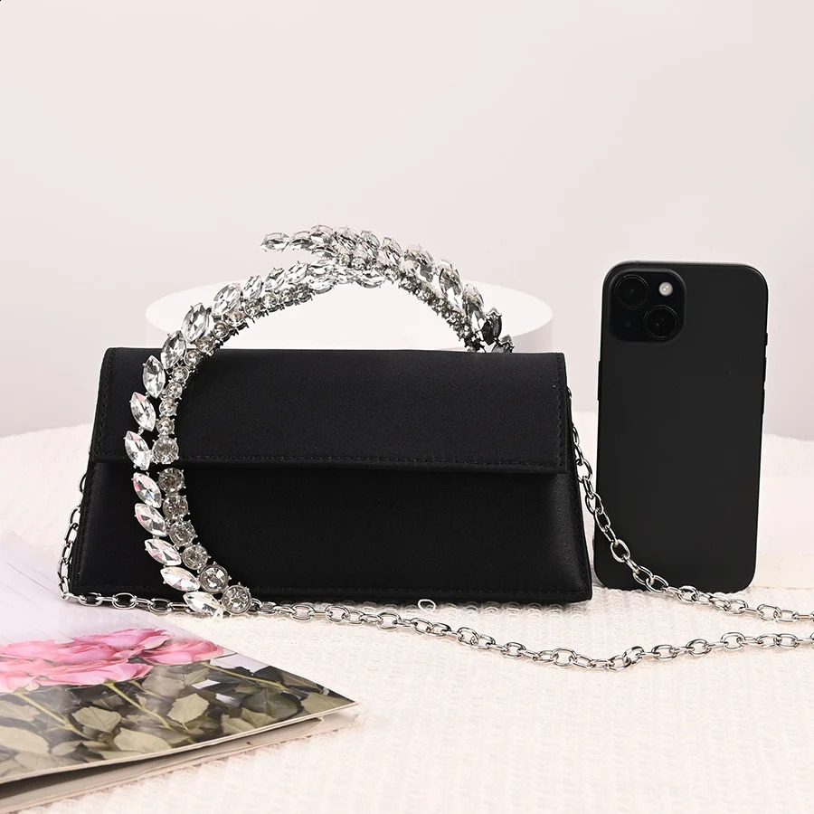 Rhinestone Evening Clutch Diamond Handle Handbags Satin Shoulder Bags Party Wedding Purses Lady Chains Small Square Bags 250110