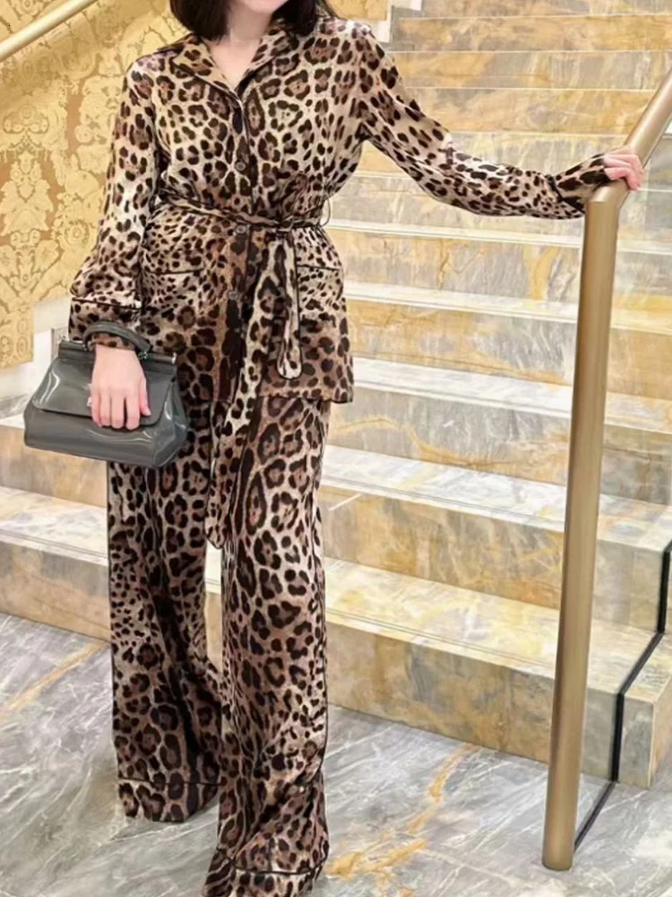 Autumn Leopard print lapel long sleeve lace-up shirt womens two-piece suithigh waist wide leg trousers fashion suit 250120