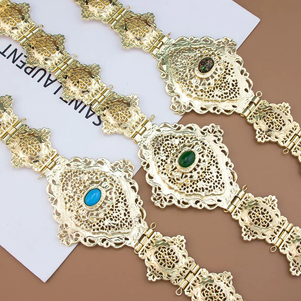 Sunspicems Gold Color Moroccan Kaftan Belt Imitation Jade Stone Arabic Women Bride Jewelry Waist Chain Hollow Persian Pattern 250121