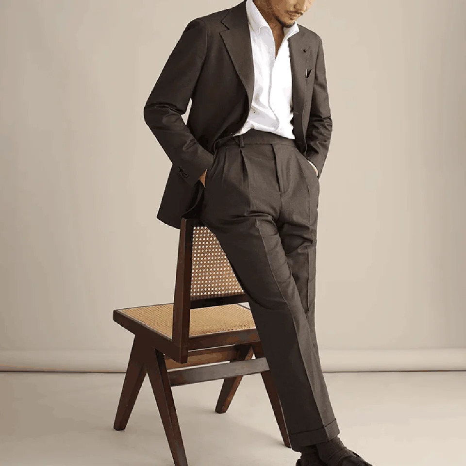 2023 Men Suits 2 Pieces Slim Fit Casual Business Formal Brown Notch Lapel Tuxedos for Wedding Groomsmen BlazerPants 250122