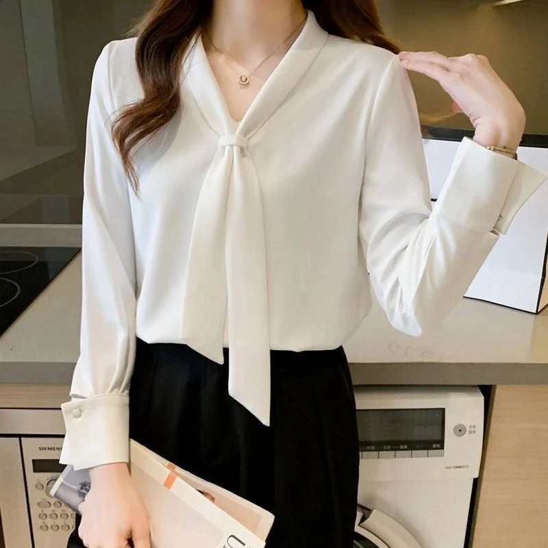 Women Spring Summer Style Blouses Shirts Lady Casual Long Sleeve Bow Tie Collar White Color Blouses Shirts DF4989 250121