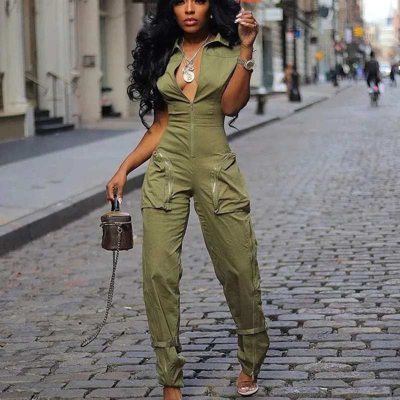 Streetwear Front Zipper Turn-down Collar Cargo Jumpsuit Women Short Sleeve Multiple Pockets One Pieces Romper Casual Overalls 250109