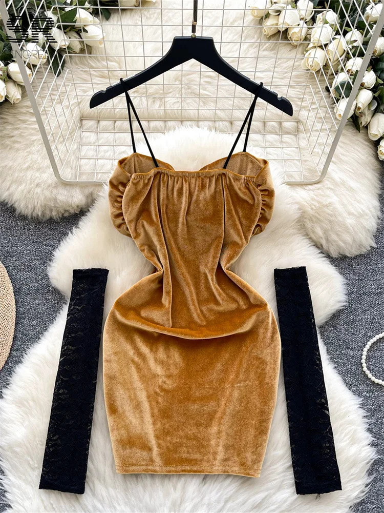 SINGREINY Sexy Lace Splice Velvet Dress Women Oversleeve Slim Chic Strapless Autumn Backless Fashion Senior Party Mini Dresses 250113