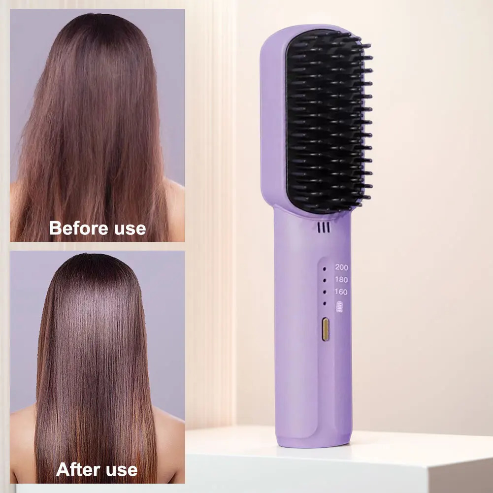 Cordless Electric Comb Rechargeable Portable Straightening Brush Anti-Scald Hair Straightener Comb 3 Temp Settings for Women 250117
