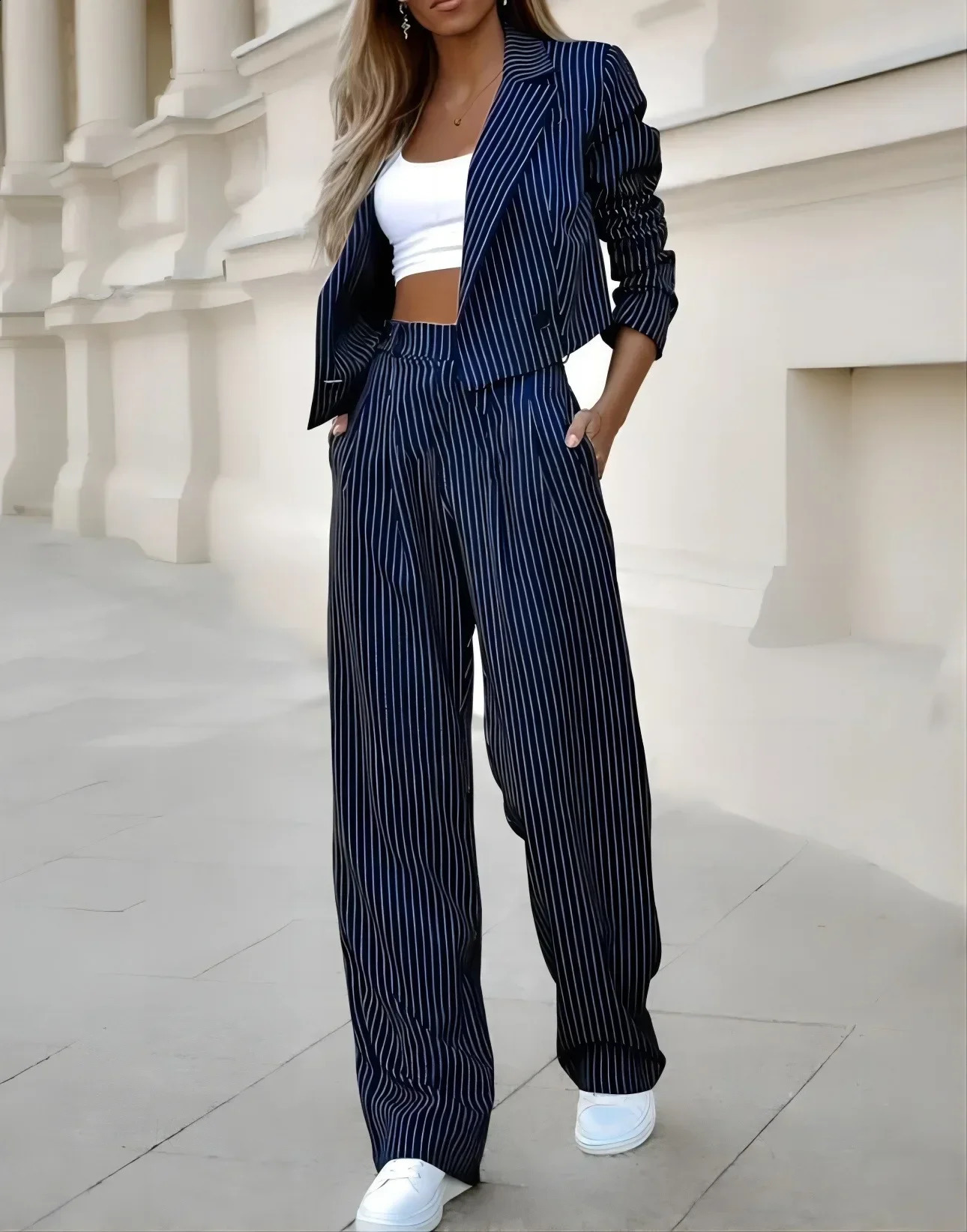 2024 Europe and America Foreign Trade Temperament Casual Striped Short Style Collar Suit Straight Leg Pants Set for Woman 250114Z