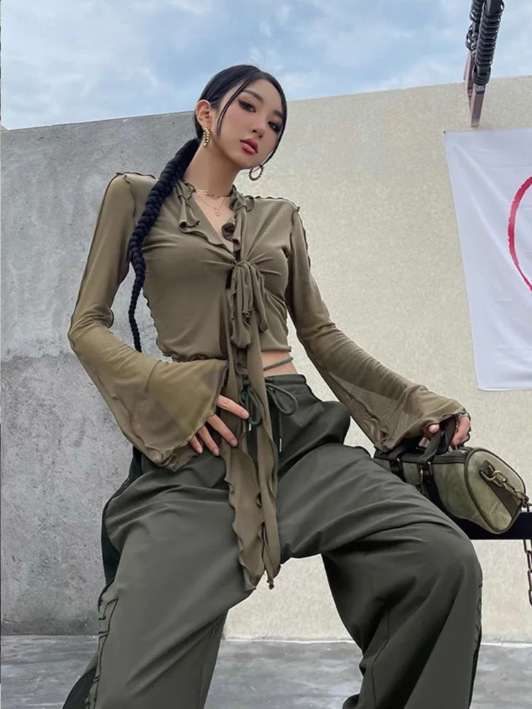 Long Flare Sleeve Blouses for Women Laceup Mesh Sexy Sweet Girls Korean Fashion Style Allmatch Solid n Elegant Casual 250121