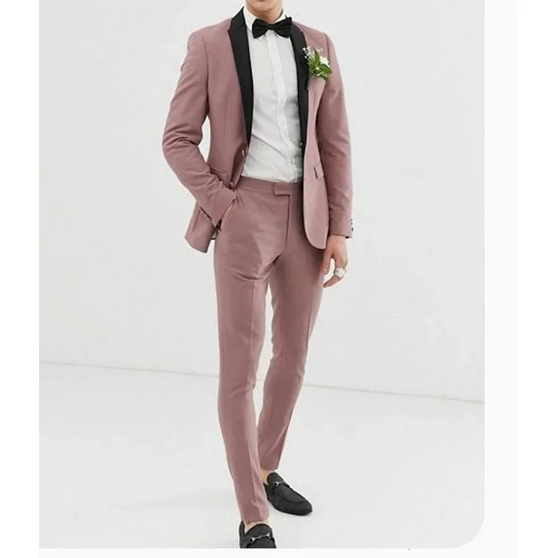2024 Dusty Pink Black Shawl Lapel Men Suits Prom Terno Masculino Groom Costume Homme Blazer Wedding 2 Pieces 250122