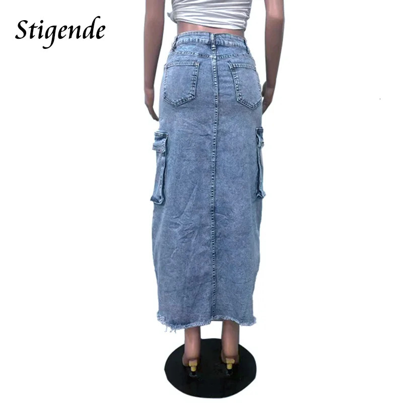 Stigende Womens High Split Ripped Denim Maxi Skirt with Multiple Pockets Distressed Lace Up Jeans Cargo Skirt Y2k 250117