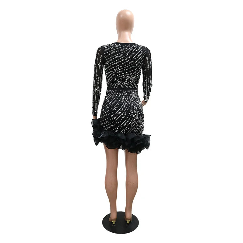 2024 Women Mesh Sleeve Bodycon Sexy Diamonds Birthday Party Dress Tierred Ruffles Rhinestone Pearls Night Club Dress Pink250120