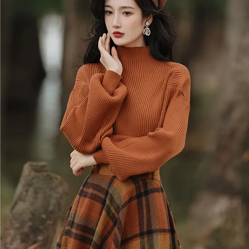 Womens Spring Autumn Vintage Plaid Long Skirts Sweater TwoPiece Set French Lady Graceful Knit Pullover High Waist Skirt Outfit 250122