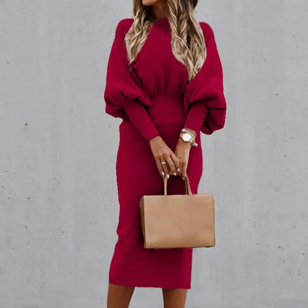 Women Autumn Dress Crew Neck Elegant Lantern Sleeve High Waist Women Bodycorn Dress Autumn Winter Office Ladies Midi Dress 250121