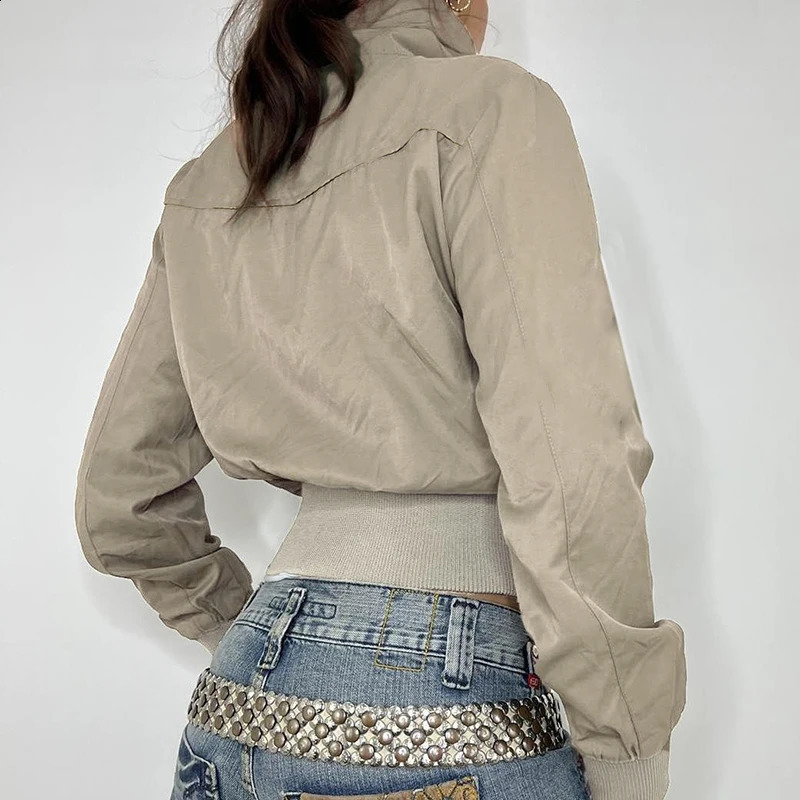 CIBBAR Khaki Zip Up Turtleneck Jacket y2k Streetwear Patchwork Pockets Cropped Jackets Women Casual Coats Vintage 2000s Clothing 250118