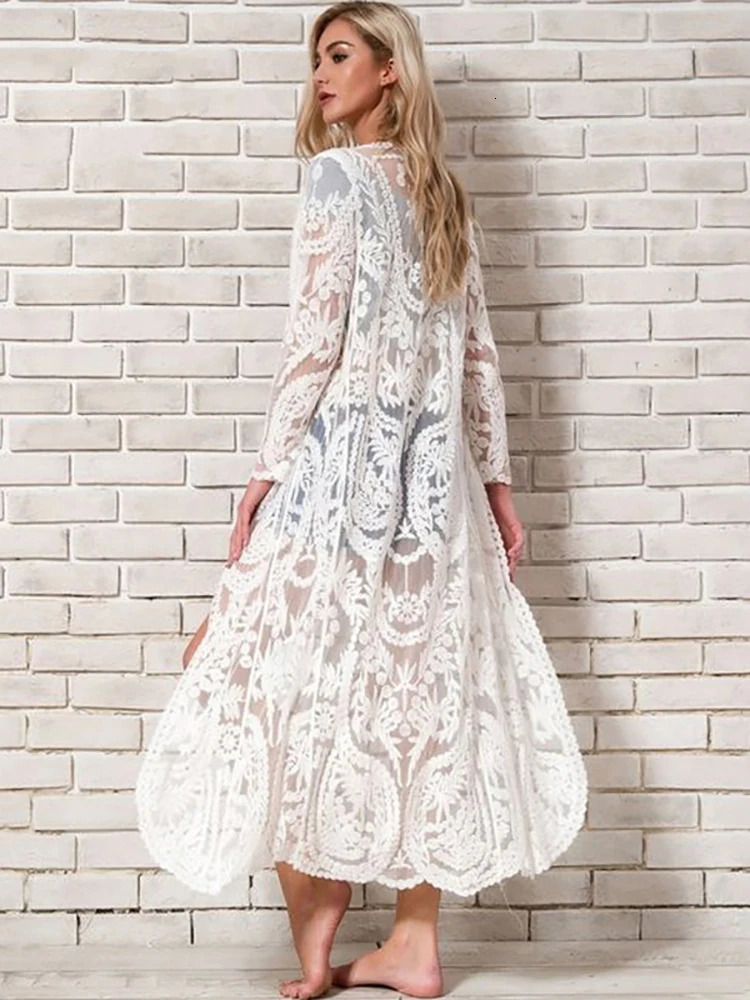 Fitshinling Bohemian White Beach CoverUp Swimwear Sarong y Lace Kimono Sexy Transparent Long Cardigan Saida de Praia 250120