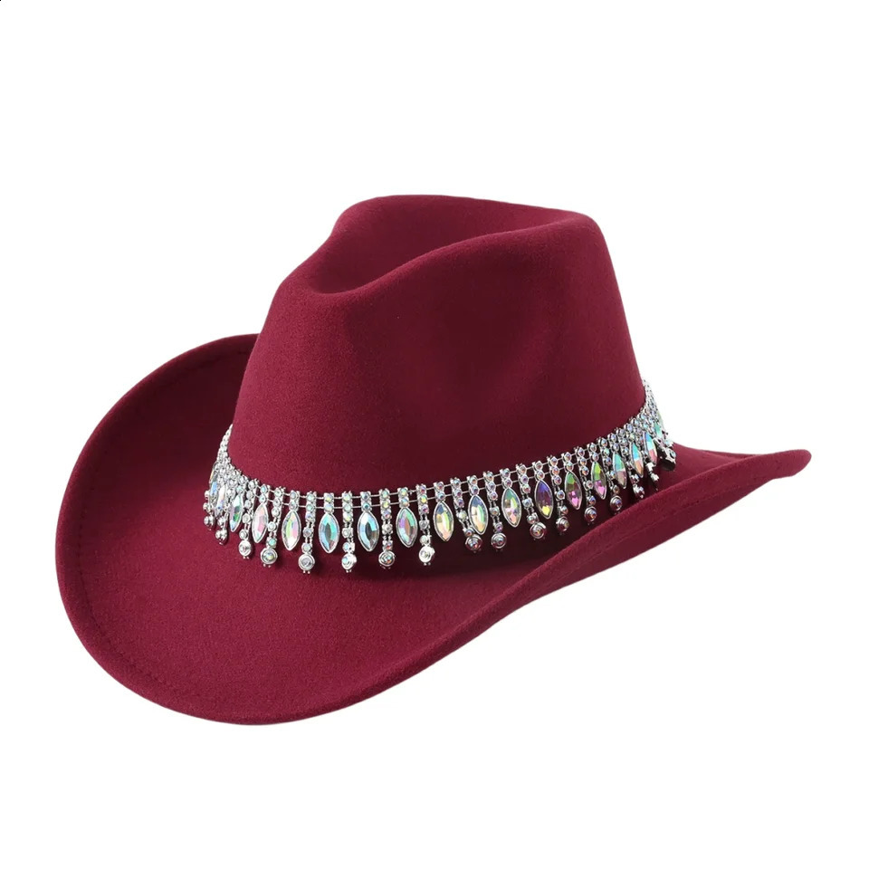 1Fashion Rhinestone Tassel colored gemstone necklace western cowboy hat Broad Brim Sun Protection Hat gentleman style jazz 250118