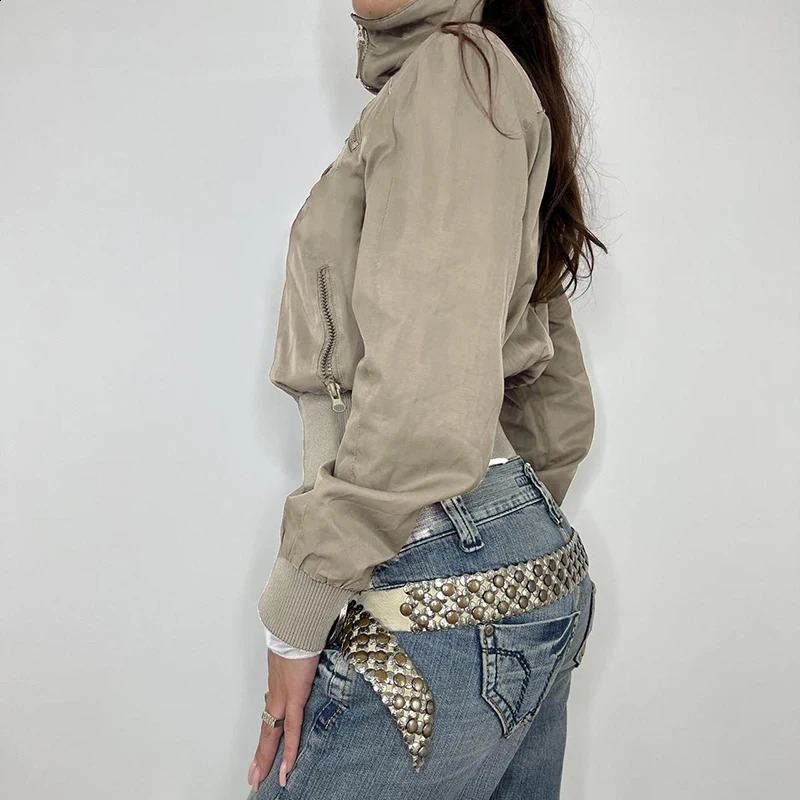 CIBBAR Khaki Zip Up Turtleneck Jacket y2k Streetwear Patchwork Pockets Cropped Jackets Women Casual Coats Vintage 2000s Clothing 250118