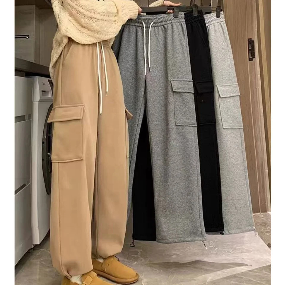 Autumn Winter Women Pants Elastic Waist Drawstring Large Pocket Trousers Youthful Loose Casual Sports Solid Straight Cargo Pant 250117