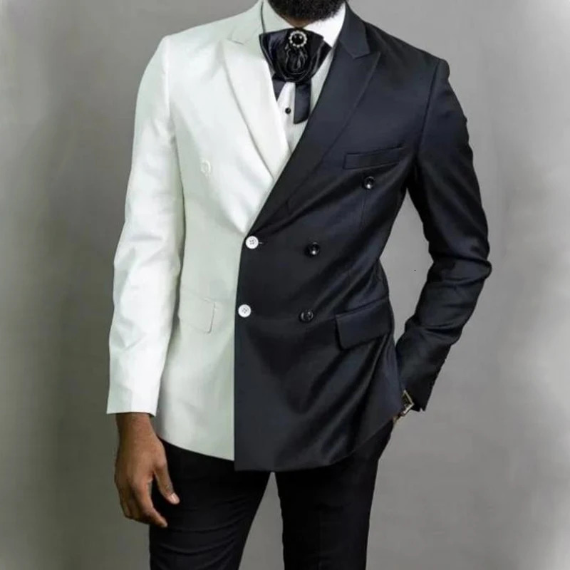 Elegant Black White Men Suit Slim Fit Lapel Double Breasted 2 Piece Formal Groom Wedding Tuxedos BlazerPants Costume Mens 250122