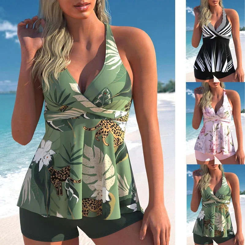 Womens Premium Summer Vacation Swimwear Blockbuster Leaf Print Top and Halter Beach S6XL 250120