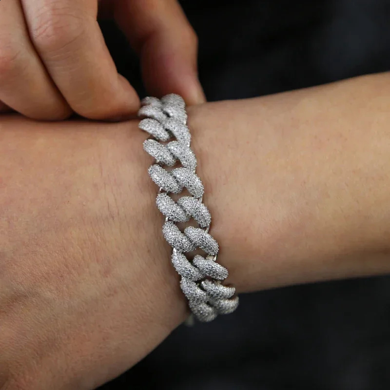 2025 High Quality Iced Out Bling 15mm Width Round Full Paved Cuban Link Chain Bracelet Necklace Hip Hop Men Jewelry 250115