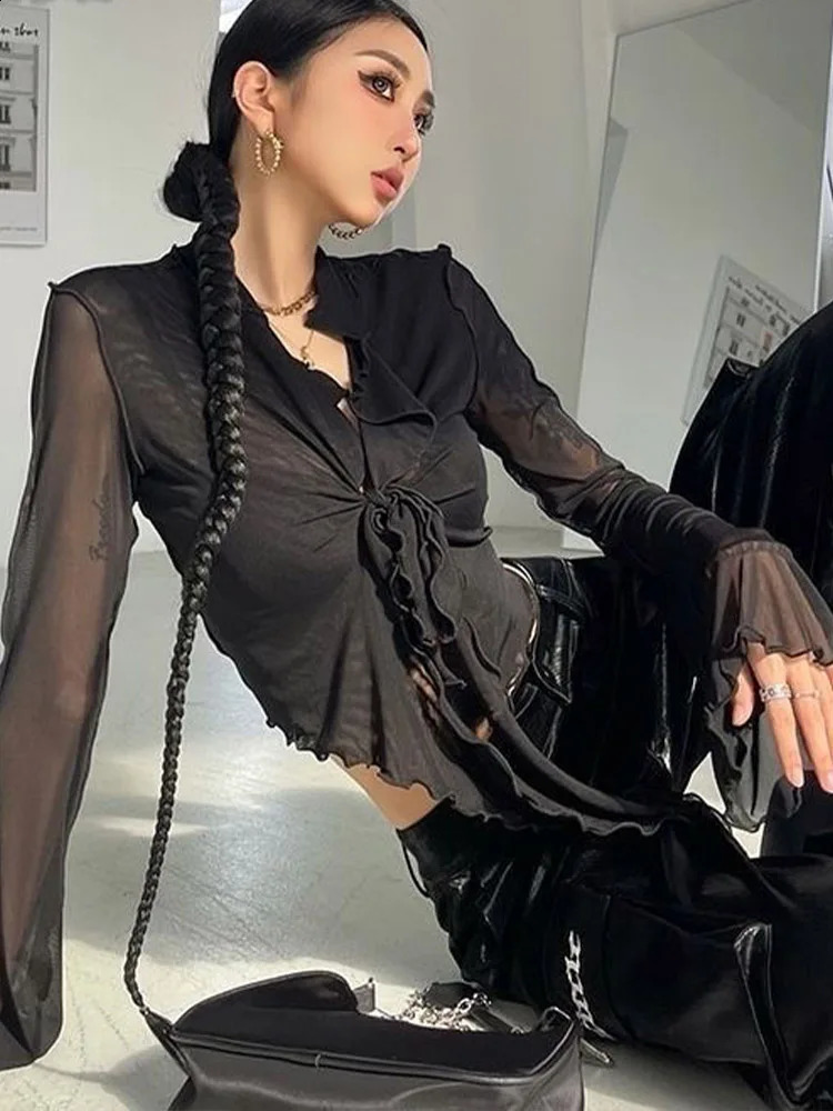 Long Flare Sleeve Blouses for Women Laceup Mesh Sexy Sweet Girls Korean Fashion Style Allmatch Solid n Elegant Casual 250121