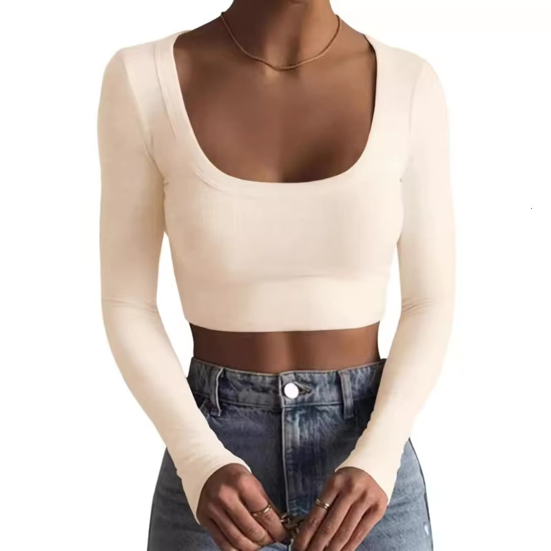 O Neck Long Sleeve Shirt Women Ribbed Sexy Cropped Tops 2024 Spring Black Casual Skinny Slim Basic Woman T Shirts White