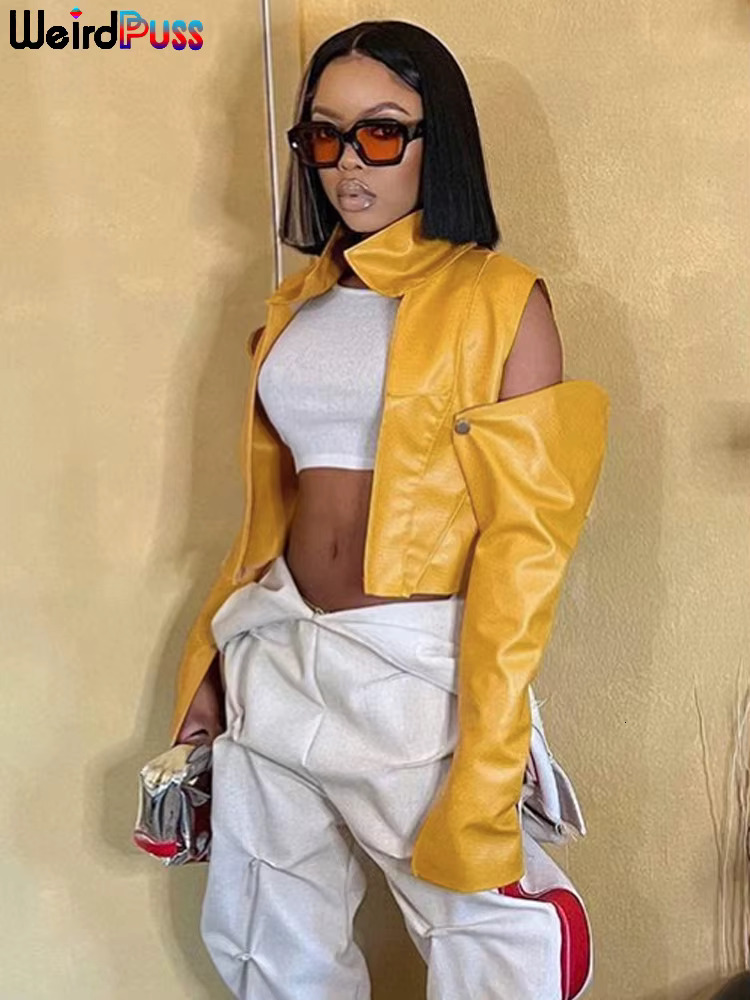 Weird Puss PU Hipster Crop Jacket Women Hollow Long Sleeve Cardigan Autumn Wild Basic Streetwear Patchwork Stripe Y2k Trend Coat