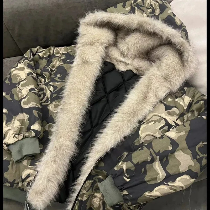 American Fashion Camouflage Fur Collar Padded Jacket Men Y2K Vintage Hiphop Pop Punk Baggy Hooded Couples Casual Coat 250109