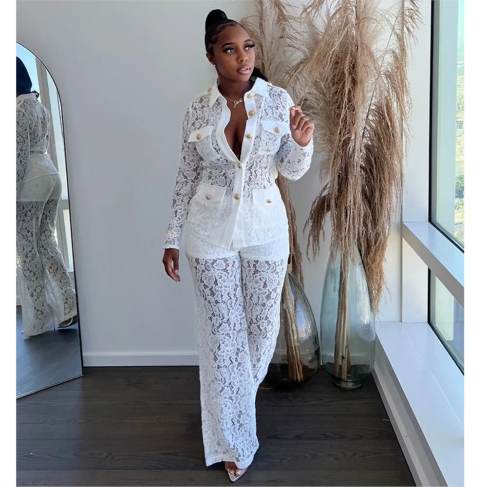Lace Elegant Shirt SuitsTop White Cargo Pants Set Women Hook Flower Summer Tracksuit Suit Matching Sets Y2k Streetwear Black Set 250113