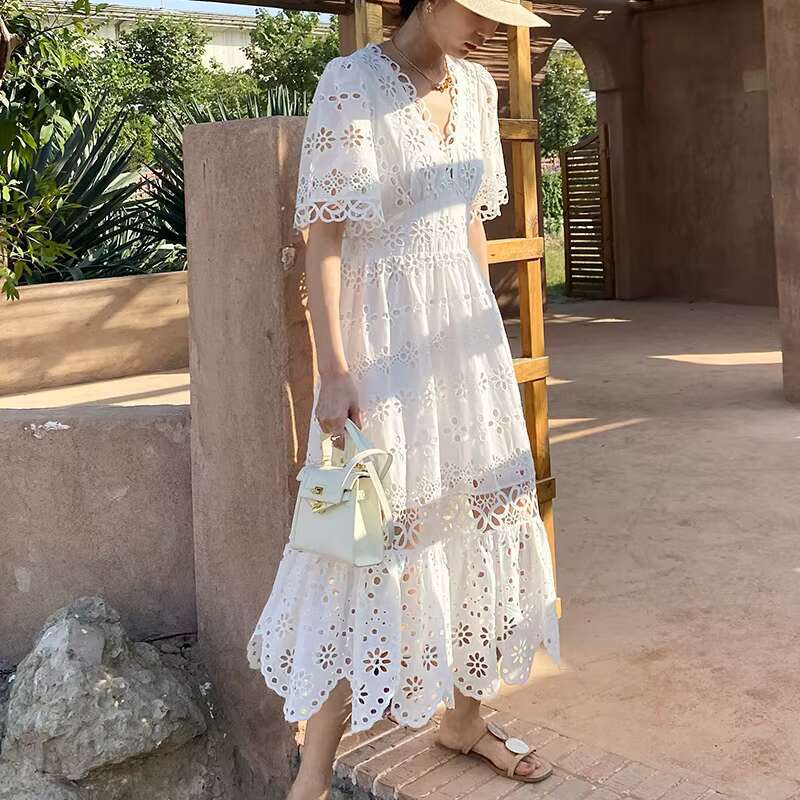 New Embroidery White V Neck Short Sleeve Holiday Cotton Lace Dress Retro Hollow Out Daily Dresses Vestidos