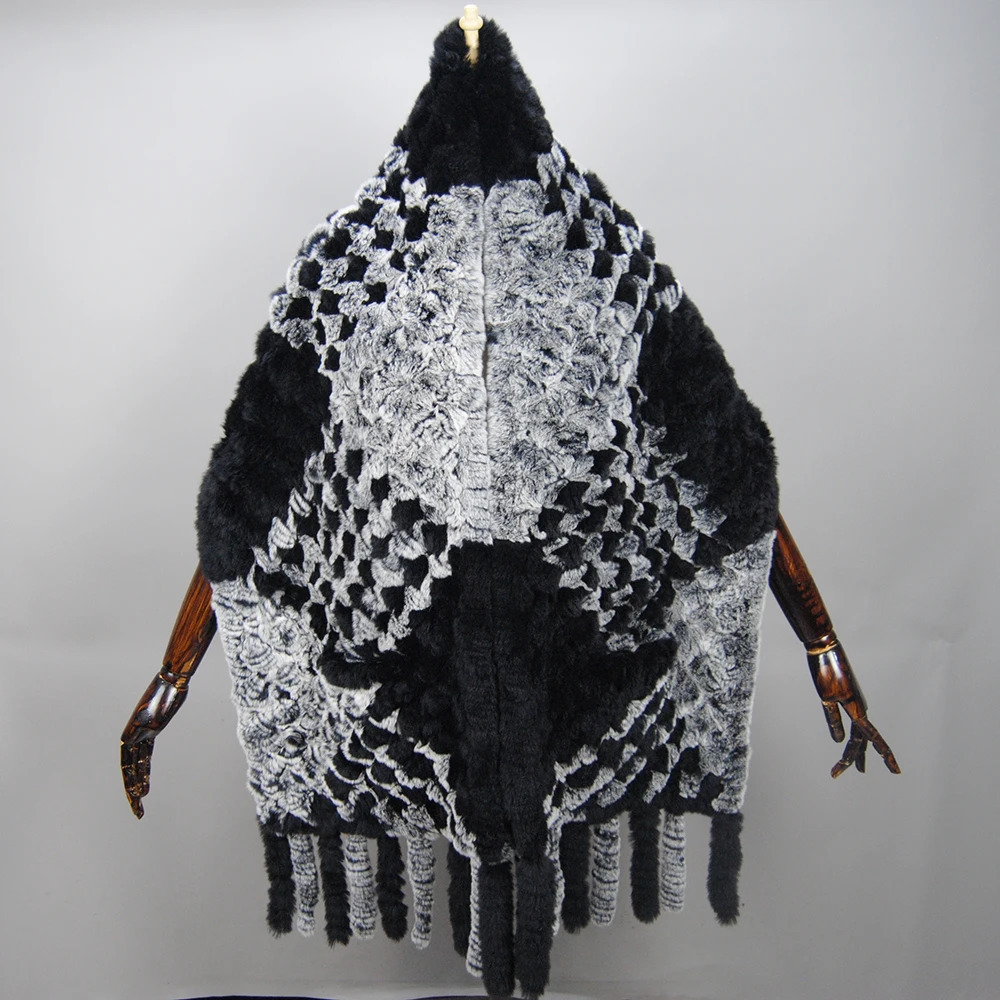 2025 Winter Knitted Real Rex Rabbit Fur Scarf with Pocket Wide Women Natural Rabbit Fur Tassel Shawl Warm Long Fur Scarves 250120ww