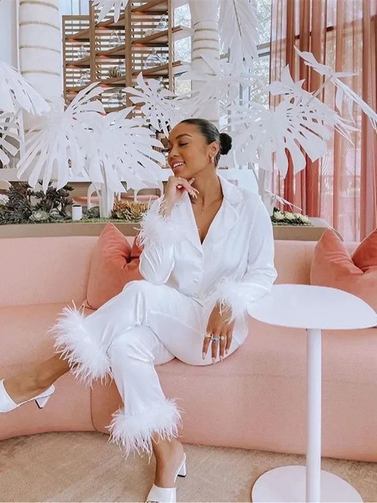 Two Piece Set Women Feather Trim Elegant Pant Sets Long Sleeve Tops Blazer Straight Pants Female Fall 2Pcs Casual 250113