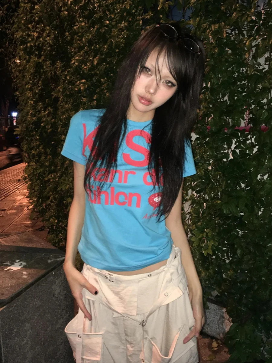 Tonngirls Y2k Print Letter T Shirt Women Skinny Short Sleeve Japanese 2000s Crop Tops Vintage Grunge Tops American Retro Tshirts 250109