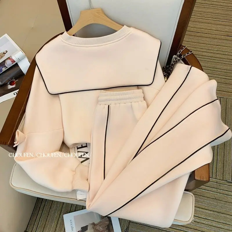 Fashion Tracksuit 2 Piece Set Outfit Korean Loose Sailor Collar Crop Coat Casual Wide Leg Pants Female Sweatshirt Suit 250114