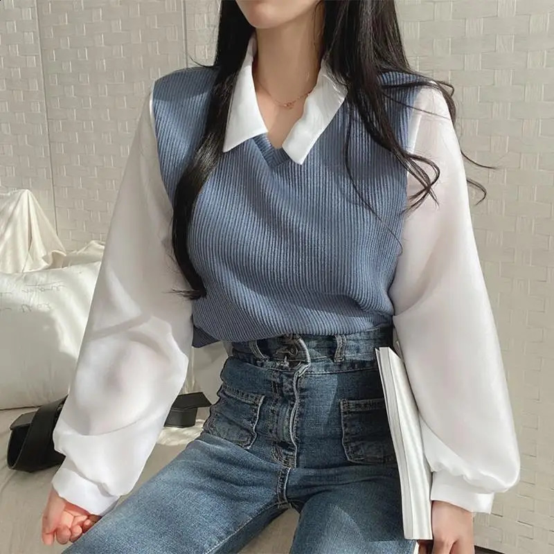 Summer Blouse Women Korean Style False Twopiece Polo Collar Blouses Y2k Tops Streetwear Loose Youth Pullovers Elegant Shirt 250121