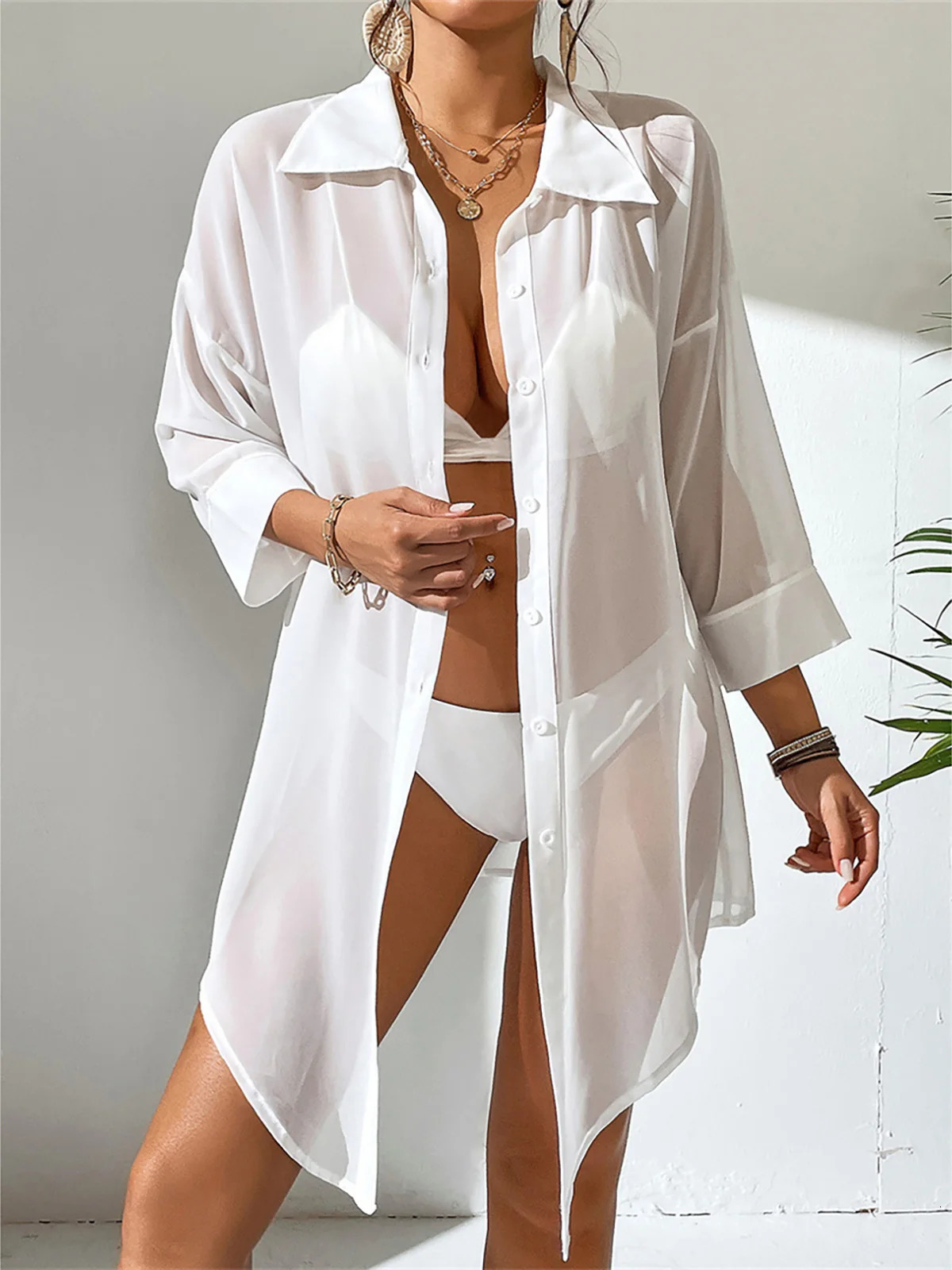 Summer White Shirt Long Sleeve Top Blouse Tunic Beach Cover Up Coverups Dress Wear Beachwear Female Women K4777 250120