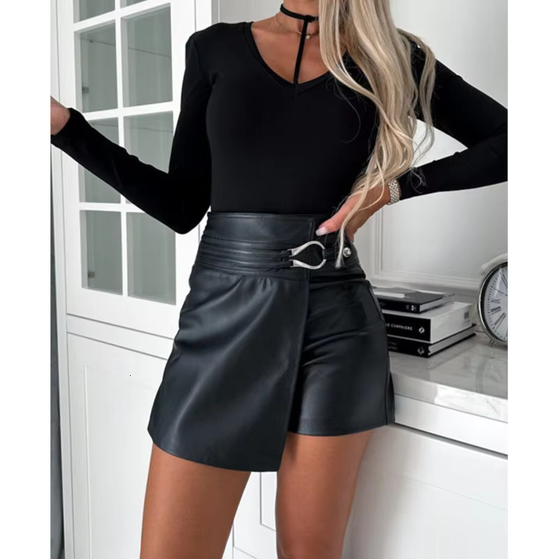 Black Shorts Women Buttons Asymmetrical 2024 New Short Pants High Waist Pu Leather Buckled Mini Skirts