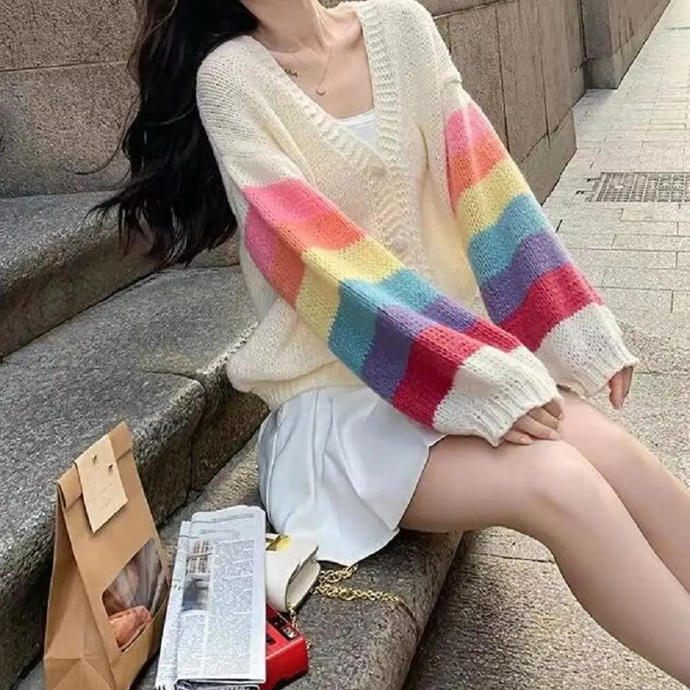 Fashion Rainbow Sweet Cardigan Sweaters Women Autumn Thin Casual Korean Knitted Coat V-Neck Loose Long Sleeve Tops Outwear 250121
