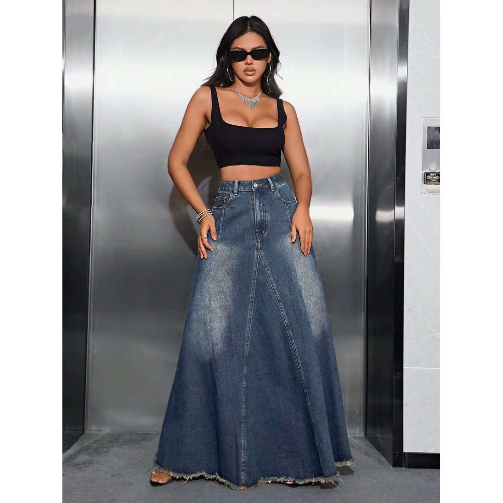 Women's Or Length High Waist Bleached Long Ripped Denim Bottoms Mujer Overall Vintage Skirts