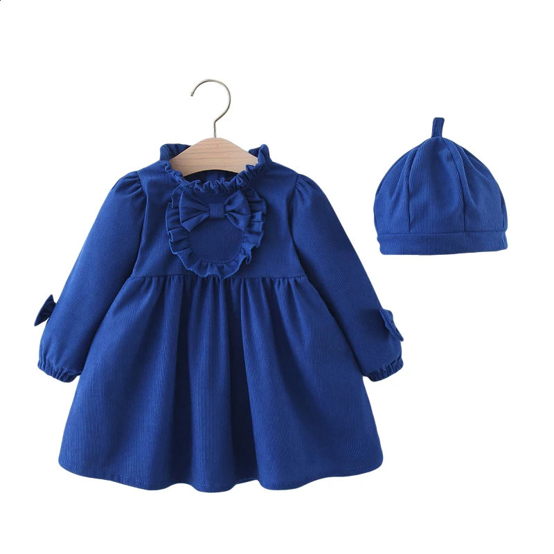 Winter Girls Dress Lace Pleated Bow Solid Color TwoPiece LongSleeved Cap Puffed Sleeve Neckline 250117