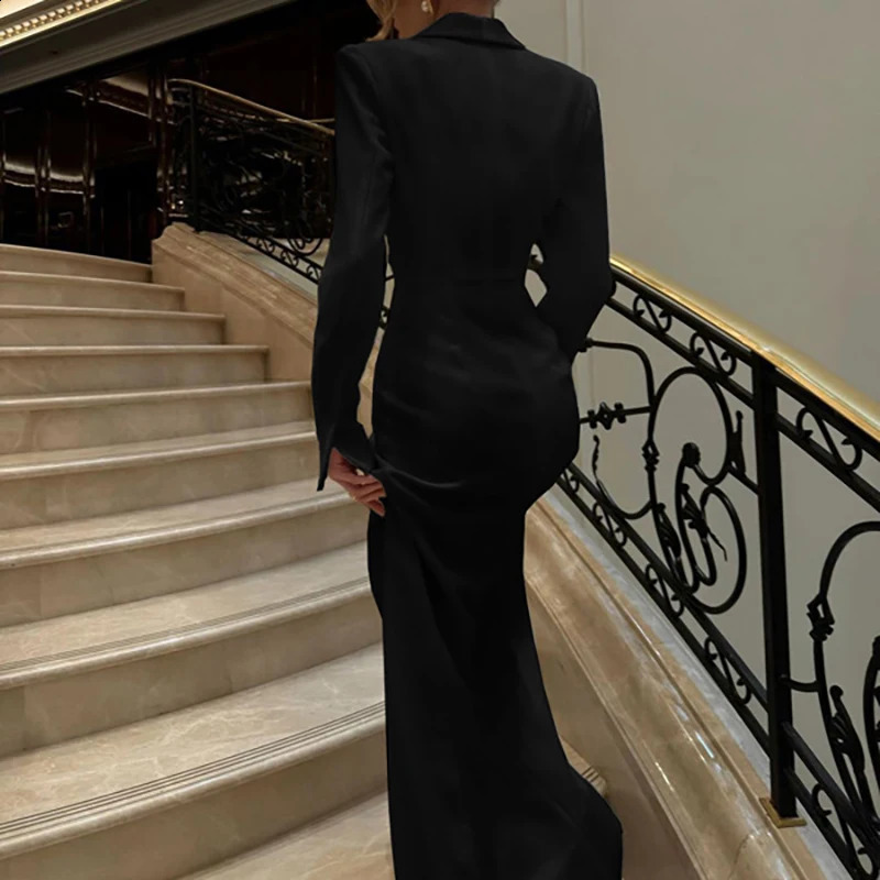 Women Sexy V-neck Split Evening Dress Fashion Hight Waist Button Slim Party Dress Office Casual Long Sleeves Solid Long Dresses 250113
