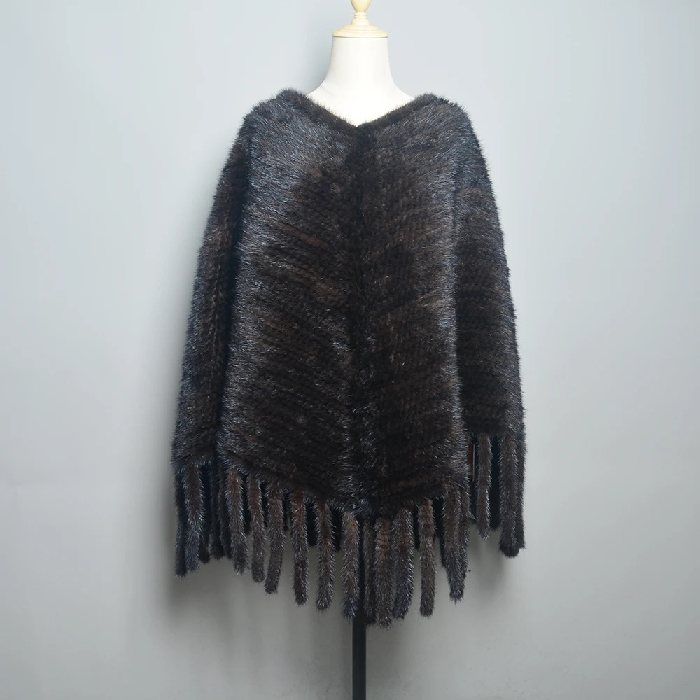 Fashion Women Fur Shawl Winter Knitted Real Mink Fur Stole With Fur Hood Knitted Mink Poncho Pashmina 250120