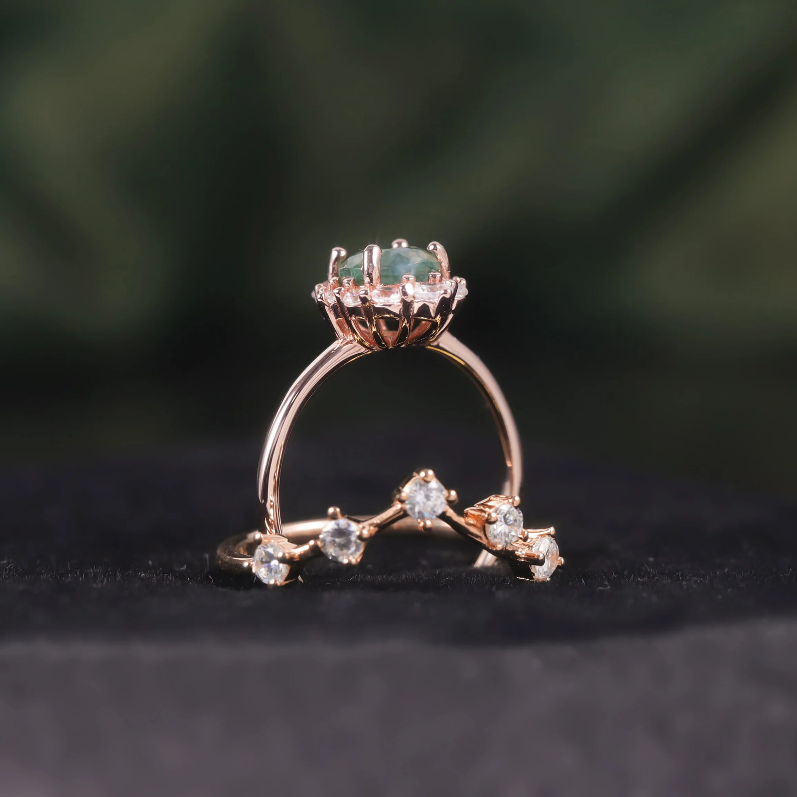 GEMS BALLET Vintage Moss Agate Halo Promise Engagement Ring Chevron Cluster Bridal Wedding Band Ring Set 925 Sterling Silver 250121