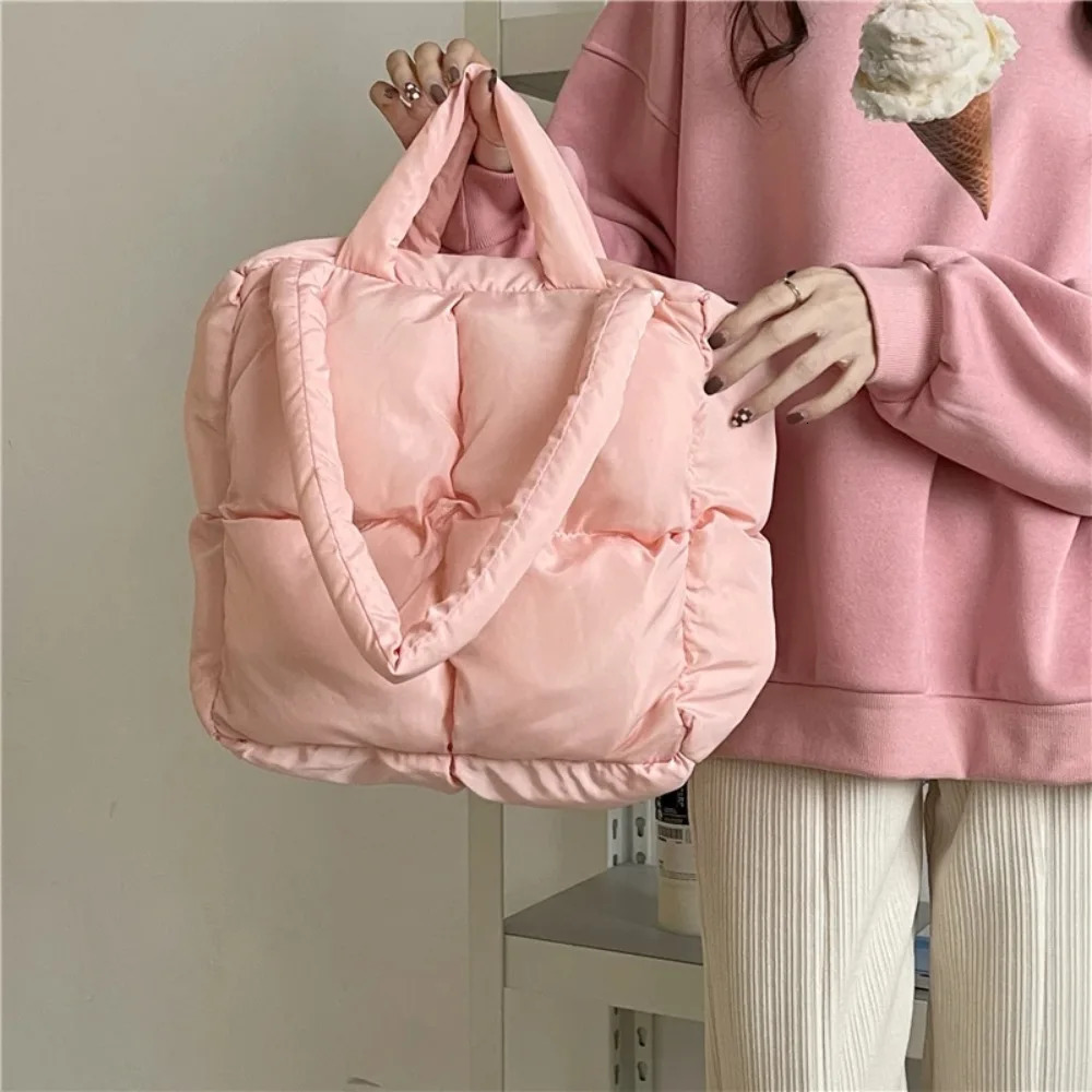 Large Capacity Puffy Shoulder Bag Quilted Nylon Cloth Down Feather Handbag Padded Soft Space Cotton Shopping Tote 250113