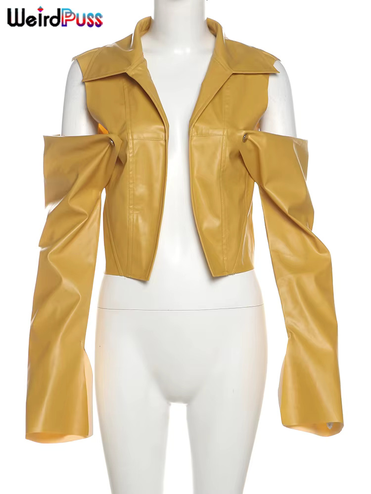 Weird Puss PU Hipster Crop Jacket Women Hollow Long Sleeve Cardigan Autumn Wild Basic Streetwear Patchwork Stripe Y2k Trend Coat