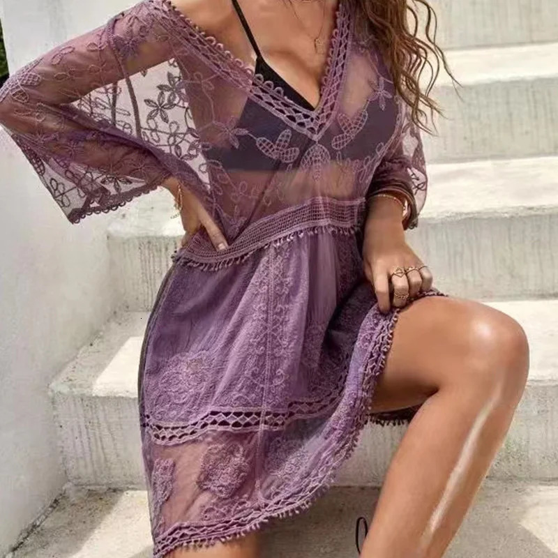 Swimsuits Woman Sexy Beach Cover Up Vneck Women Tunic Dress Sarong Bikini Crochet Top For Beachwear 250120