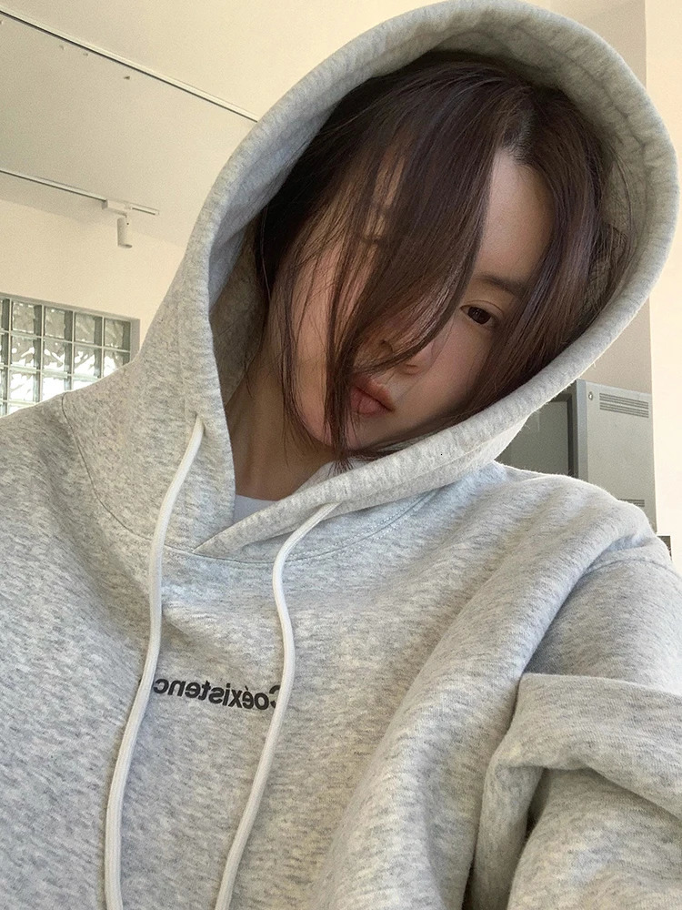 Korean Fashion Grey Fleece Thicken Baggy Pullover Pocket Letter Printing Sweatshirt Lazy Casual Raglan Sleeves Hoodie Autumn 250109