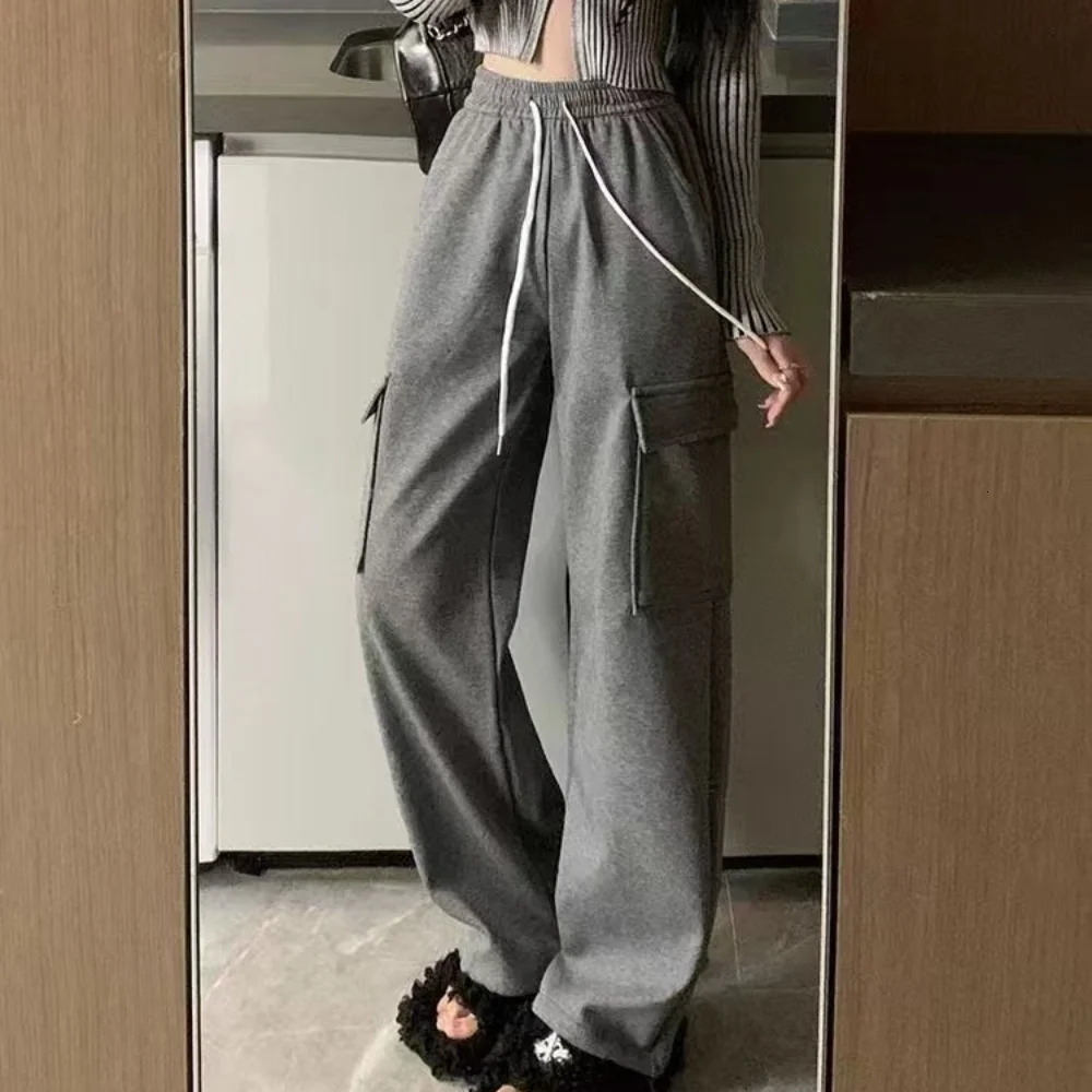 Autumn Winter Women Pants Elastic Waist Drawstring Large Pocket Trousers Youthful Loose Casual Sports Solid Straight Cargo Pant 250117
