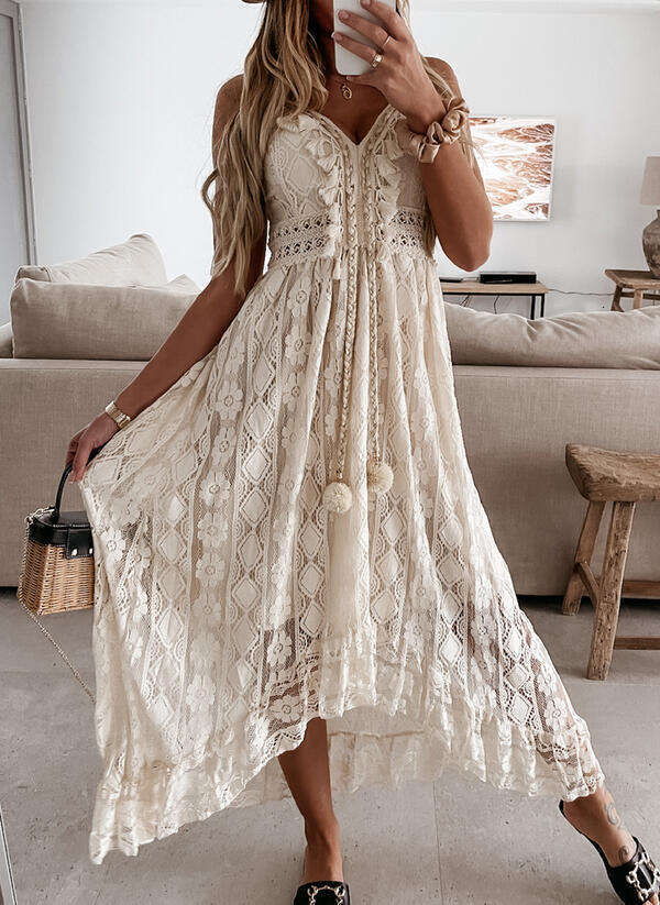 Women's New Lace V Neck Lace-Up Cotton Regular Fit Sweet Maxi Dress Irregular Length Tassel Vacation Robes Mujer Boho